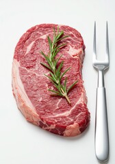 Obraz premium A rustic-style raw steak with a fork and rosemary sprig, highlighting premium meat quality.