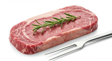 A thick, high-quality raw steak with aromatic rosemary on a minimalist white backdrop.