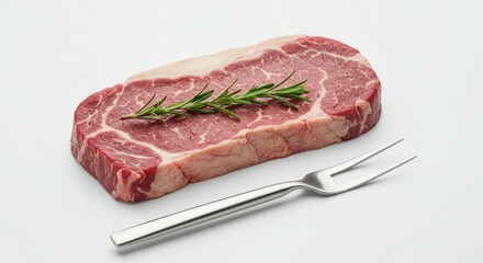 Fototapeta premium A premium cut of raw beef, topped with rosemary, resting on a white surface with a fork in the scene.