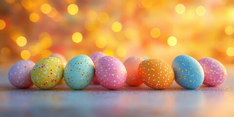 Colorful speckled easter eggs arranged on a surface with blurred lights in the background during spring festivities
