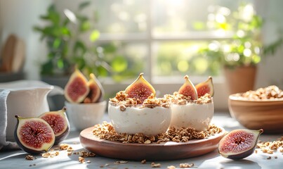Delicious Fig and Granola Parfaits on a Wooden Tray with Soft Background Light