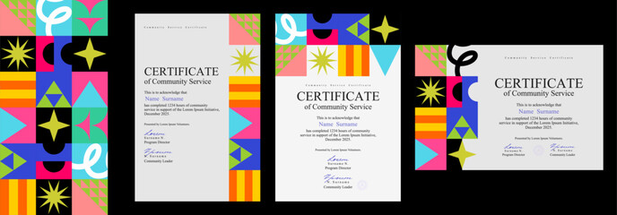 A collection of modern certificate and diploma templates featuring bold geometric patterns and vibrant colors. Perfect for awards, academic recognition, and email designs.