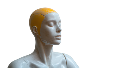 White Mannequin Head Minimalist Design with Yellow Accent, Serene Fashion Art, isolated on transparent background.