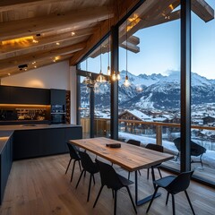 Modern kitchen and dining area with a mountainous winter view