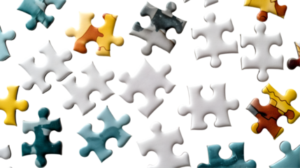 Jigsaw Puzzle Pieces Colorful Abstract Design, White Background for Game Concepts, isolated on transparent background.