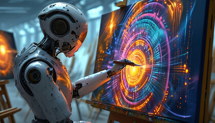 Fototapeta premium AI Artist concept: white AI artist robot paints, futuristic canvas, vibrant colors, dynamic lighting, surrealism, modern digital aesthetics, fusion of AI, harmony of technology and art