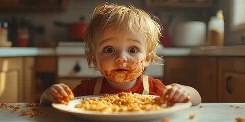 Child enjoying a messy meal in a cozy kitchen during lunchtime