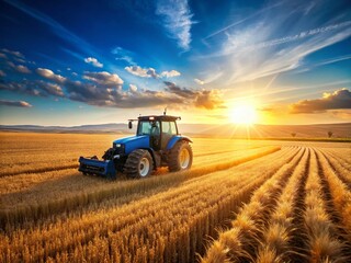 Obraz premium Minimalist Blue Tractor in Golden Wheat Field at Sunset