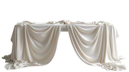 Cream Silk Tablecloth Elegant Draped Fabric, Soft White and Beige Background for Scenes, isolated on transparent background.