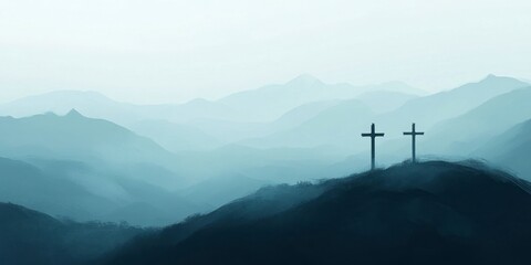 Three crosses atop a mountain, with a blue, misty background and distant mountains. A minimalist composition.