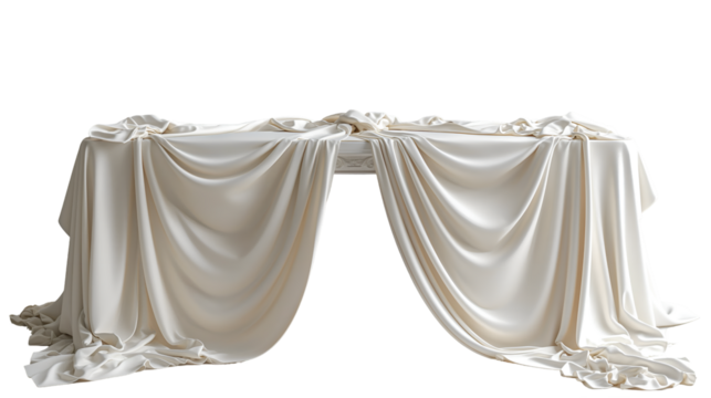 Cream Silk Tablecloth Elegant Draped Fabric, Soft White and Beige Background for Scenes, isolated on transparent background.
