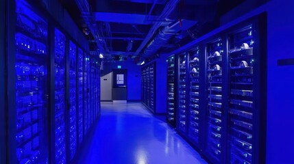 Fototapeta premium Blue-Themed Data Center Hub Showcasing Networking Equipment Representing Secure Digital Communication Solutions