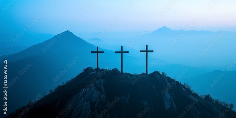 Poster Three crosses atop a mountain, with a blue, misty background and distant mountains. A minimalist composition.