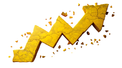 Cracked Golden Arrow Abstract 3D Growth Chart, Business Success Icon for Market Trends, isolated on transparent background.