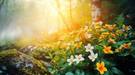 Obraz premium Beautiful colorful wild flowers in deep foggy forest with sun light in Spring.