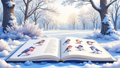 Birdwatching journal with detailed notes near snow-covered trees, winter tranquility