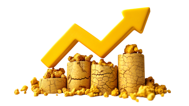 Golden Growth Chart Finance Success, 3D Gold Bars with Upward Trend for Economy Themes, isolated on transparent background.