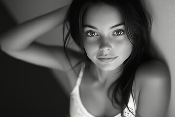 Naklejka premium Young woman poses gracefully with a natural expression in a soft black and white setting