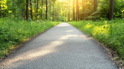 Naklejka premium A scenic nature trail bathed in soft sunlight invites exploration, showcasing the beauty of trees and greenery, perfect for walking and embracing the outdoors.