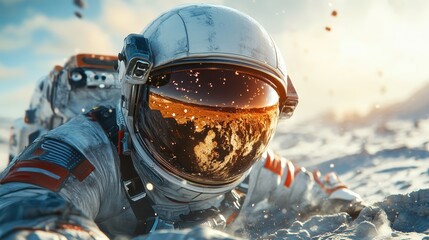 A lone astronaut is captured in the midst of exploring a distant planet's surface, showcasing the vastness and beauty of outer space in the reflective visor.