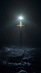 Naklejka premium Cross shining with light from above, illuminating the darkness below. The background is dark and gloomy. 