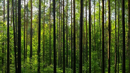 Obraz premium Sunlit Green Pine Forest Dense Vertical Trunks Summer Woodland