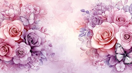 Roses and butterflies, in pastel shades, wedding invitation, floral design background