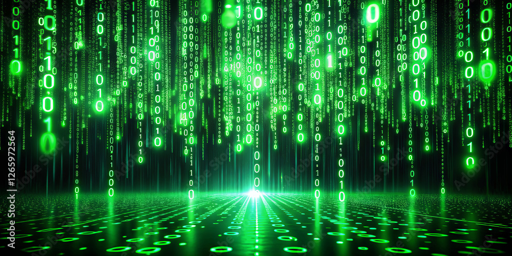 Poster vertical streams of glowing green binary code cascade in a dark digital space, creating an immersive