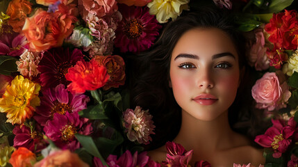 Girl surrounded by vibrant flowers lying on green foliage in a serene setting