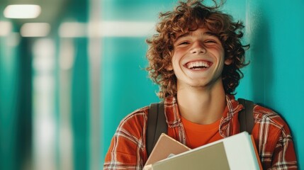 A young man with a playful smile and curly hair stands with his arms full of books, highlighting the excitement and challenges of academic life within a school environment.
