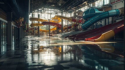 Naklejka premium Indoor Water Park With Colorful Slides And Reflective Floor