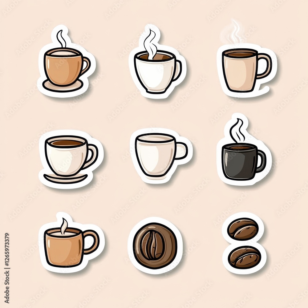 Poster collection of style stickers featuring various coffee cups and coffee beans in a colorful design. ge