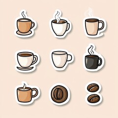Obraz premium Collection of style stickers featuring various coffee cups and coffee beans in a colorful design. Generative AI