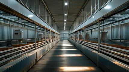 Modern pig farm indoor facility long corridor view