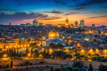 Fototapeta premium Minimalist Jerusalem Night: Warm Summer Glow, Cityscape Silhouette