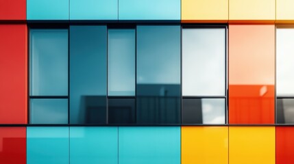 An eye-catching image of a modern building with colorful geometric panels and sleek windows creating a vibrant and stylish facade in urban architecture.