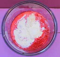 Summer Sweet Cherry Soup with Cream and Cream Cheese. A delicious light summer dessert made from cherries, cream cheese and cream with mint leaves