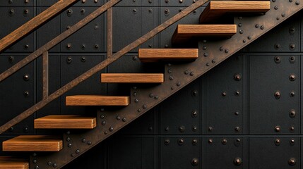 rustic industrial design collection , Stylish wooden stairs against a modern backdrop.