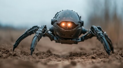 A close-up view of an advanced robotic spider traversing through soft earth, showcasing its detailed mechanical design and glowing eyes, perfectly blending technology and nature.