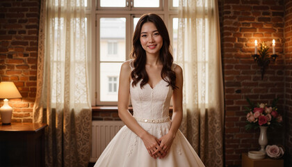 Radiant Korean bride smiling in rustic indoor setting, dreamy celebration