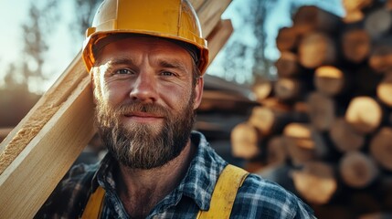 A smiling construction worker carries lumber logs on his shoulder, radiating positivity and strength while surrounded by a natural outdoor setting and stacks of wood.