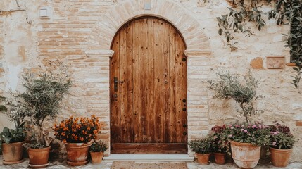 Rustic arched doorway with potted plants in Tuscan style home for architecture needs