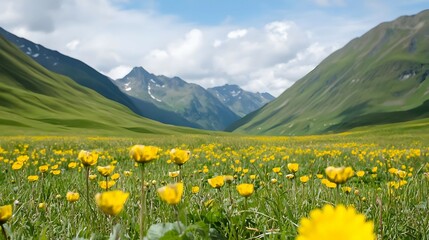 Field Of Yellow Globeflowers In A Green Mountain Valley With Cloudy Blue Sky