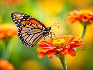 Fototapeta premium Minimalist Monarch Butterfly on Vibrant Orange Zinnia - Stock Photo