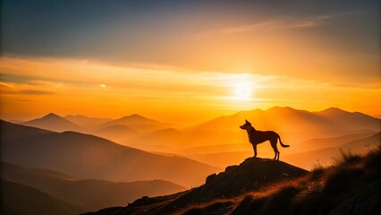 Minimalist Mountain Dog: Lone Canine Silhouette Against Majestic Peak