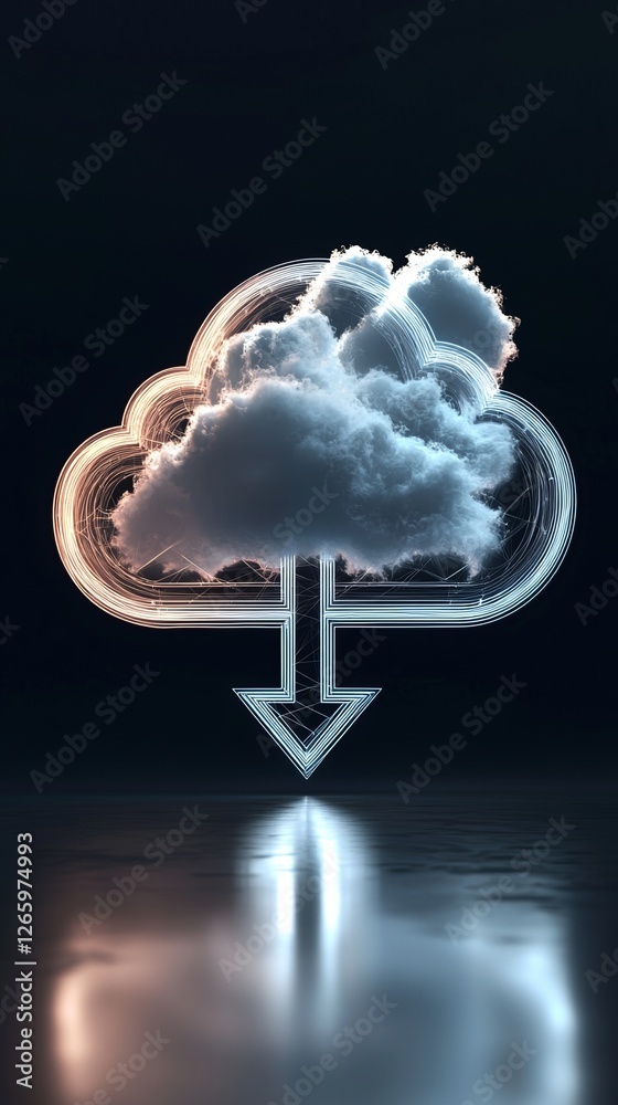 Poster cloud computing symbol featuring armor cloud storage with up and down arrows, representing data cent