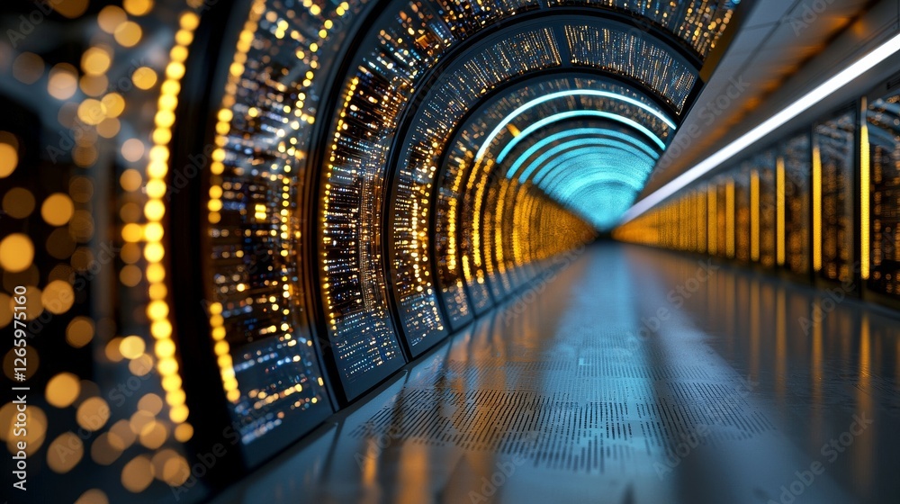 Poster Big data analysis and cloud computing take place within a data center, where technology is utilized for storing, protecting, and processing digital information over the internet, with server racks