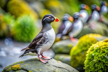 Obraz premium Minimalist Parakeet Auklet on Coastal Rocks, Seabird Colony, Ocean Island