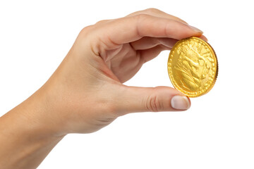 Fototapeta premium Hand Holding a Shiny Gold Coin: Perfect for Financial Concepts, Investment Branding, and Wealth-Themed Design Projects.