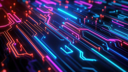 Digital Technology Abstract Background with Neon Circuits and Data Streams